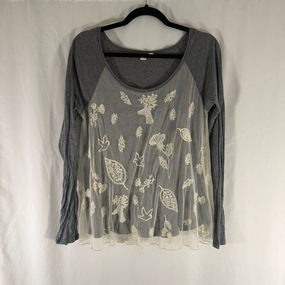 Anthropologie Eloise Blouse Womens Small Heathered Grey Reindeer Overlay Long Sl